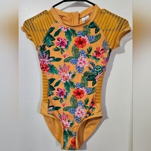 Art Class Girls Floral Mesh Sleeve Swimsuit L 10/12